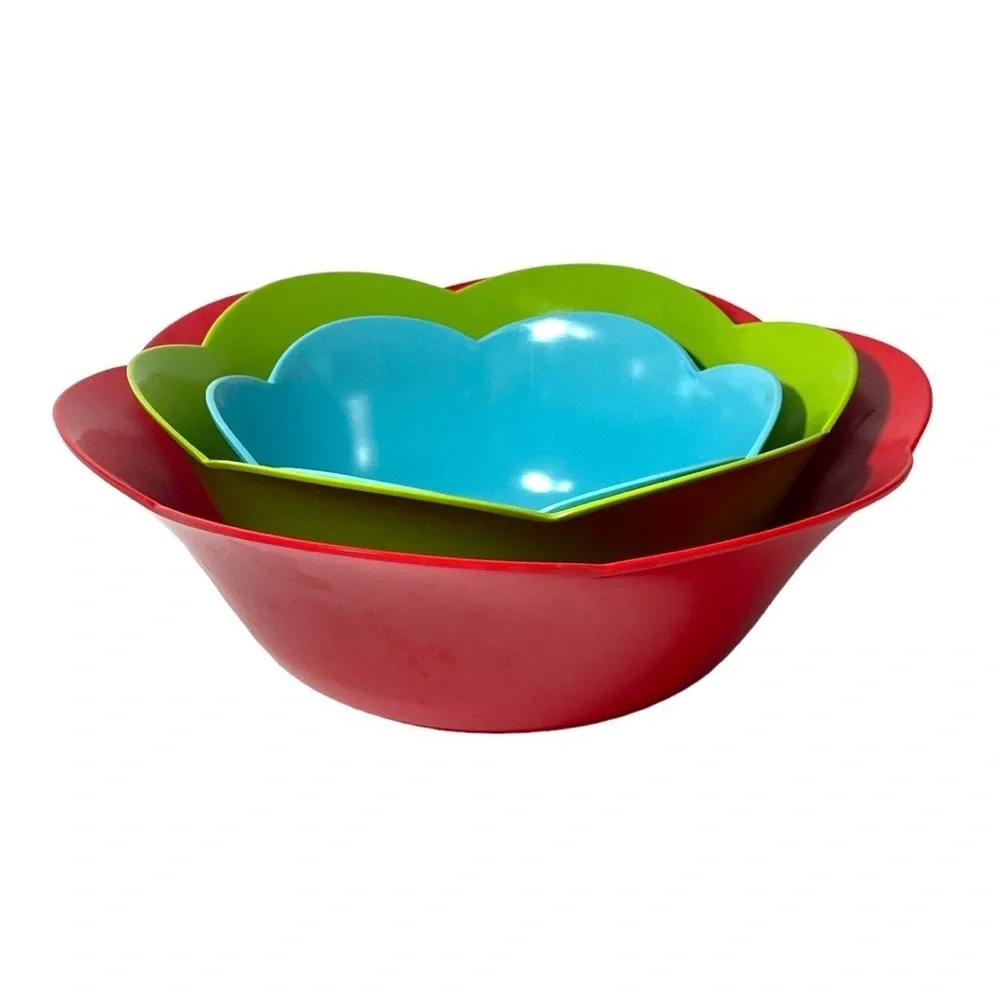 Melamine 3 Pc Serving Bowl Set Blue Red Green Scalloped Edge Party Event Holiday